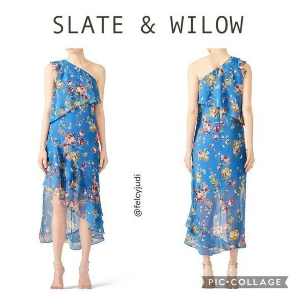 Slate & Willow | Women's Blue Floral Chiffon Tiered Ruffle Maxi Dress, Size‎ 8